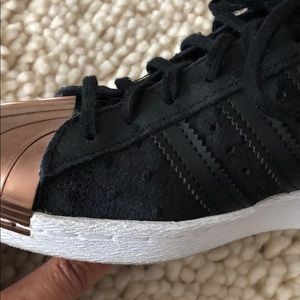 Adidas rose gold toe and polka dot sneakers